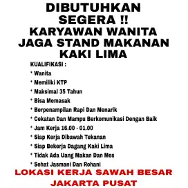 DIBUTUHKAN SEGERA KARYAWAN WANITA DAN PRIA U/ JAGA STAND MAKANAN