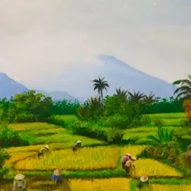 Lukisan kanvas pemandangan panen padi