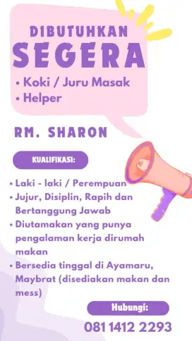 DIBUTUHKAN : KOKI / TUKANG MASAK