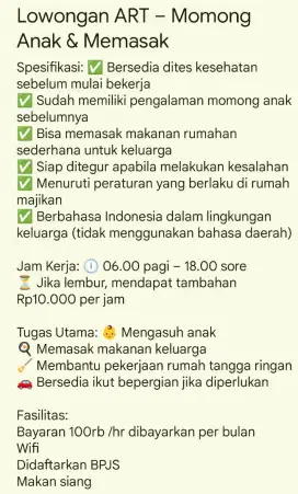 Lowongan ART – Momong Anak & Memasak