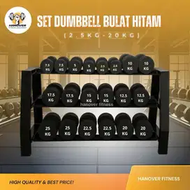 dambel set dumbell set bulat hitam import 2,5-25kg termasuk rack