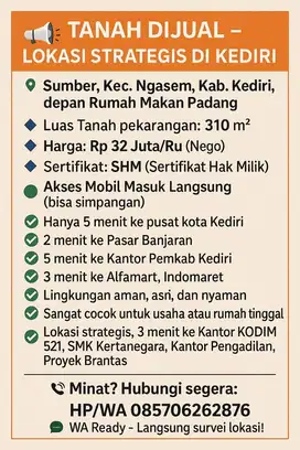 Tanah Dijual Lokasi Strategis di Kediri