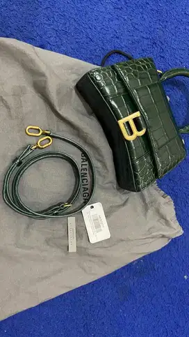 Balenciaga Hourglass XS Top Handle Bag Croco Forest Green