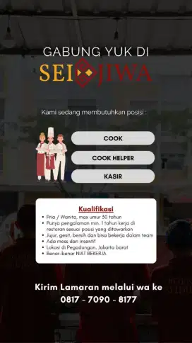 Lowongan kerja, cook helper (helper) resto halal daerah jakarta barat