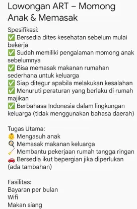 Lowongan ART – Momong Anak & Memasak
