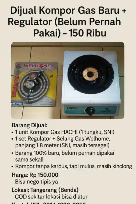 Dijual Kompor Gas Baru + Regulator (Belum Pernah Pakai)