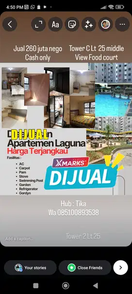 Dijual Apartemen Laguna Pluit Type 2 br semi furniture ada 1 km T C/25