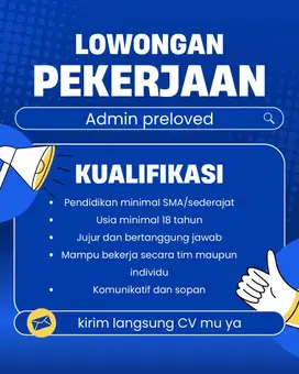 Loker admin thrift/preloved wanita jujur sopan dan bertanggung jawab