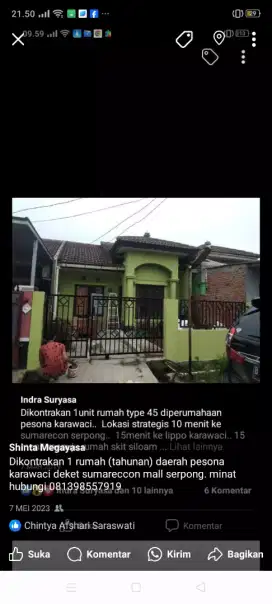 Disewakan 1 Rumah tempat tinggal siap huni (After Renovasi) Type 45