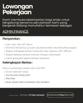 Lowongan Admin Finance – Perusahaan Manufaktur Kemasan (Surabaya)