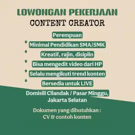 Lowongan Pekerjaan Marketing / Content Creator / Social Media