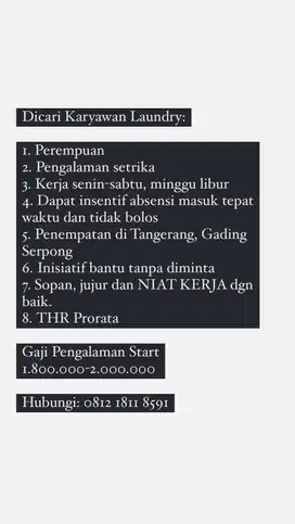 DICARI STAFF SETRIKA PART TIME GAJI MINGGUAN