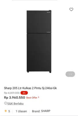 Sharp kulkas 2 pintu sj 246si-gk 205ltr