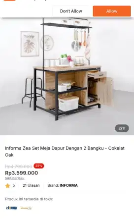 Informa Zea Set Meja Dapur plus 2 Bangku Oak