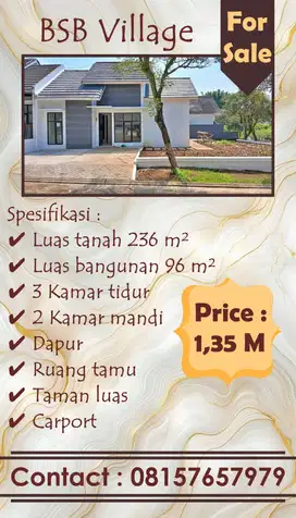 Dijual Cepat Rumah Luas 236 m² Posisi HOOK BSB Village
