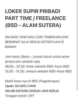 LOKER SUPIR PRIBADI PART TIME / FREELANCE (BSD - ALAM SUTERA)