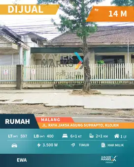 Dijual Rumah di Jl Raya Jaksa Agung Suprapto Klojen Malang