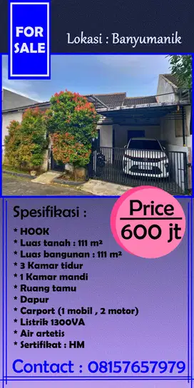 Dijual Cepat BU Rumah HOOK 1LT Banyumanik