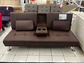 CUCI GUDANG !!! SOFABED KULIT SINTETIS DENGAN CUP HOLDER - COKELAT