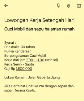 Kerja CUCI MOBIL setengah hari