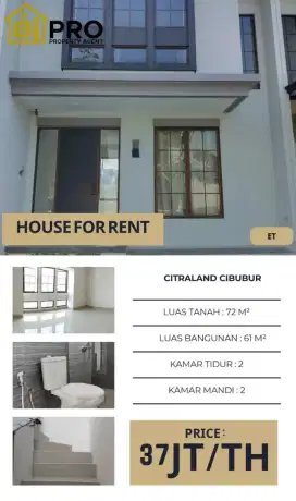 Disewakan Rumah Baru Minimalis Citraland Cibubur