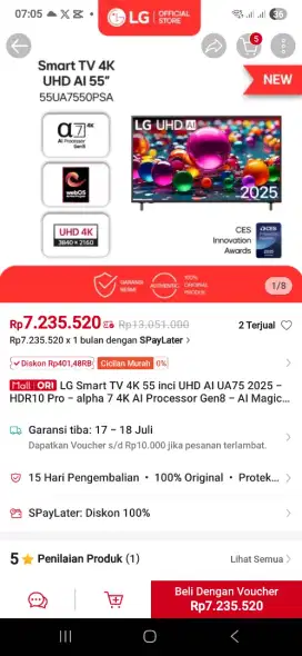 LG Smart TV 4K UHD AI 55 55UA7550PSA