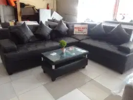 Sofa L Juki jepta kulit warna hitam + meja t bunus bantal 5