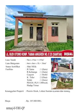 Rumah Siantan Hook Komp.Taman Anggrek (Budi Utomo) Hadap Timur