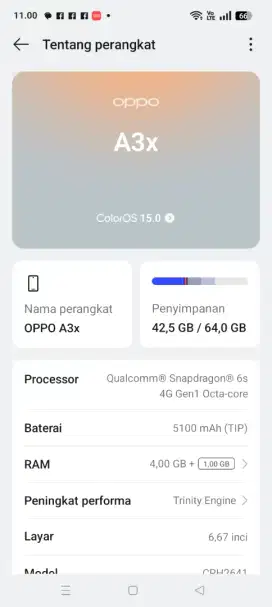 Oppo a3x 4+4/64 bekas seperti baru