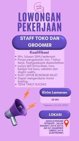DICARI STAFF TOKO DAN GROOMER PETSHOP