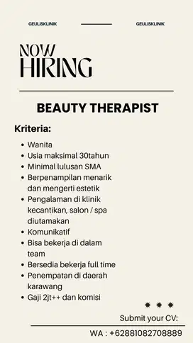 LOWONGAN KERJA BEAUTY THERAPIST