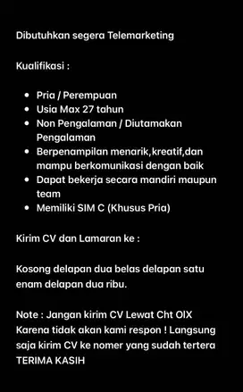 DIBUTUHKAN TELEMARKETING SECEPATNYA