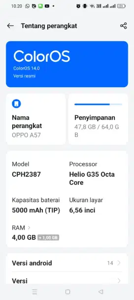 Dijual Oppo a57 ram 4/64 GB batangan hnya hp dan crger dus blm ktmu
