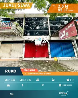 Dijual/Disewakan Ruko Strategis di Tumenggung Suryo Jalan Besar Malang