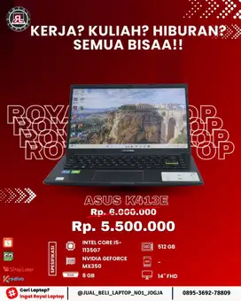 Asus K413E  Spesifikasi  Intel Core I5-1135G7 Ram 8 GB Ssd 512 GB