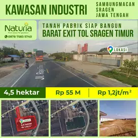 Tanah Pabrik Industri 4,5 hektar samping Exit Tol Sragen Solo Raya