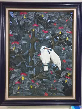 Lukisan Canvas Bali Halus Detailing Sepasang Jalak Bali