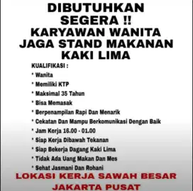DIBUTUHKAN KARYAWAN WANITA JAGA STAND KAKI LIMA