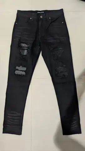 Celana Virrel ID Black Noire Ripped Leather Patch Jeans