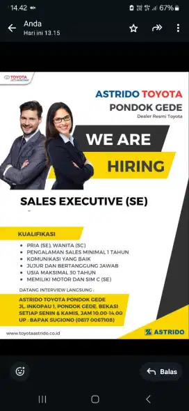 Di Butuhkan Sales Marketing