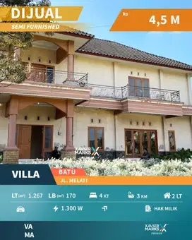 Dijual Villa Semi Furnish View Pegunungan di Jl Melati Batu