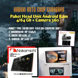 Paket head unit Android layar 9/10 Ram 4/64 Gb & Camera 360