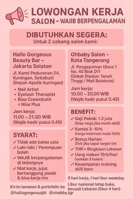 LOWONGAN KERJA SALON JAKSEL & Kota Tangerang