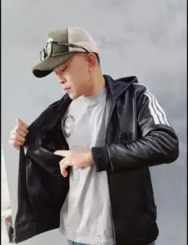 Jaket Kulit Asli Hoddie Casual Kombinasi Hitam & Putih 100% Aali Kulit