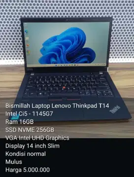 Lenovo Thinkpad T14 core i5 gen11 16GB 256GB 14inch mulus