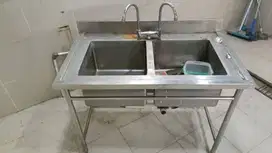 Double Sink Table Stainless Steel 304 - Dilengkapi 2 Keran Air