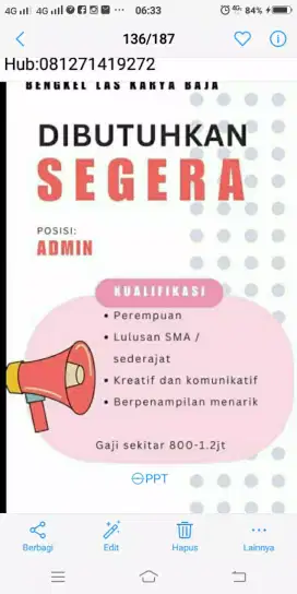 Di butuhkan Admin bengkel, wanita minimal SLTA sederajat