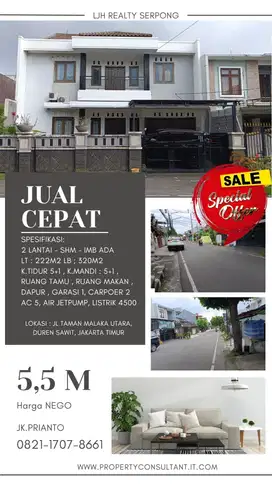 JUAL CEPAT LB: 350m2,  DUREN SAWIT, JAKARTA TIMUR