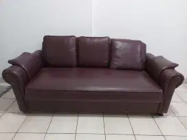 Sofa 3 seater coklat tua kulit sintetis