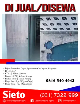 Dijual/Disewakan Cepat! Apartement City Square Margorejo
